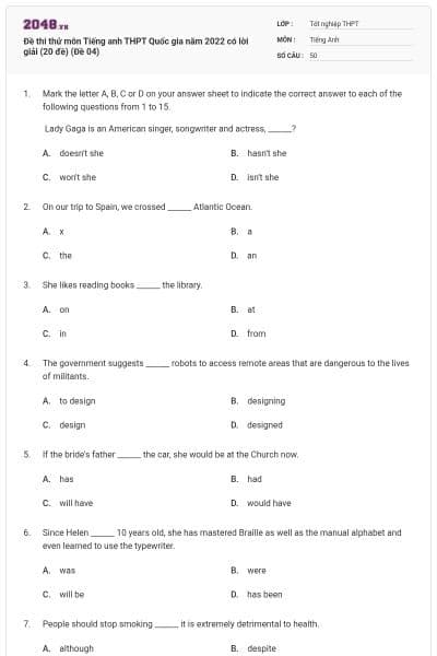 Đề thi thử môn Tiếng anh THPT Quốc gia năm 2022 có lời giải (20 đề) (Đề 04)