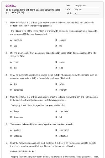 Đề thi thử môn Tiếng anh THPT Quốc gia năm 2022 có lời giải (20 đề) (Đề 08)