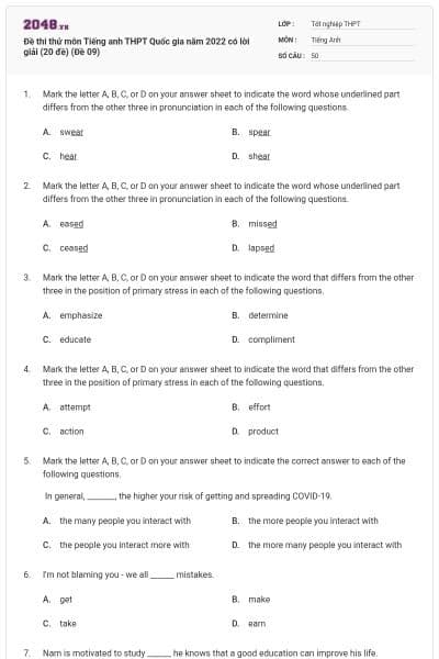 Đề thi thử môn Tiếng anh THPT Quốc gia năm 2022 có lời giải (20 đề) (Đề 09)