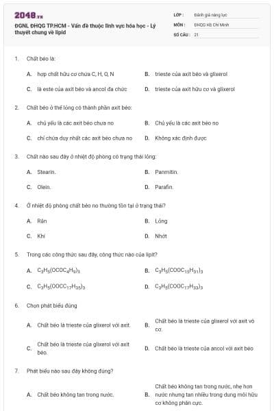 ĐGNL ĐHQG TP.HCM - Vấn đề thuộc lĩnh vực hóa học - Lý thuyết chung về lipid