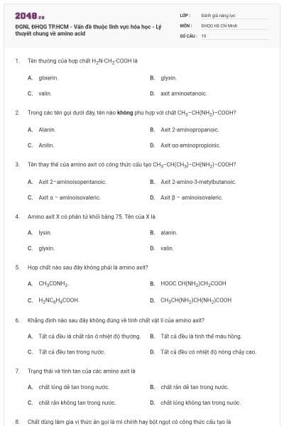 ĐGNL ĐHQG TP.HCM - Vấn đề thuộc lĩnh vực hóa học - Lý thuyết chung về amino acid