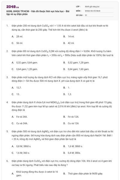 ĐGNL ĐHQG TP.HCM - Vấn đề thuộc lĩnh vực hóa học - Bài tập về sự điện phân
