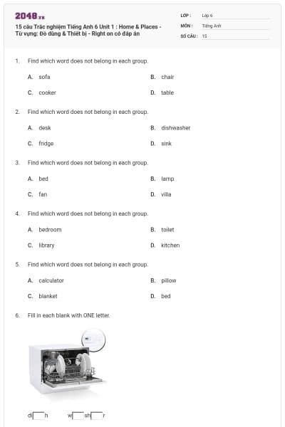 15 câu Trắc nghiệm Tiếng Anh 6 Unit 1 : Home & Places - Từ vựng: Đồ dùng & Thiết bị - Right on có đáp án