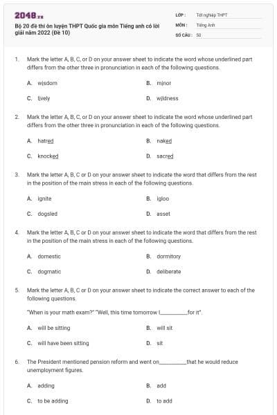 Bộ 20 đề thi ôn luyện THPT Quốc gia môn Tiếng anh có lời giải năm 2022 (Đề 10)