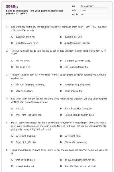 Bộ 25 đề thi ôn luyện THPT Quốc gia môn Lịch sử có lời giải năm 2022 (Đề 3)