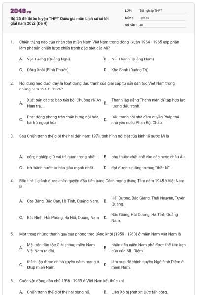 Bộ 25 đề thi ôn luyện THPT Quốc gia môn Lịch sử có lời giải năm 2022 (Đề 4)