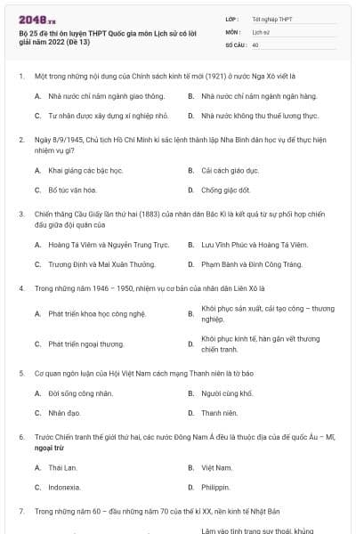 Bộ 25 đề thi ôn luyện THPT Quốc gia môn Lịch sử có lời giải năm 2022 (Đề 13)