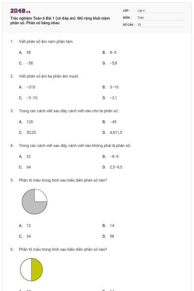 Trắc nghiệm Toán 6 Bài 1 (có đáp án): Mở rộng khái niệm phân số. Phân số bằng nhau