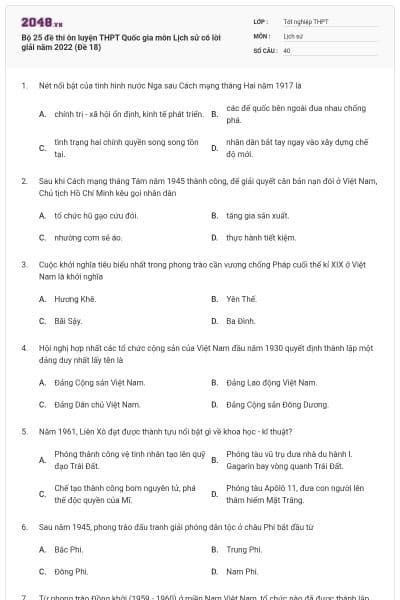 Bộ 25 đề thi ôn luyện THPT Quốc gia môn Lịch sử có lời giải năm 2022 (Đề 18)