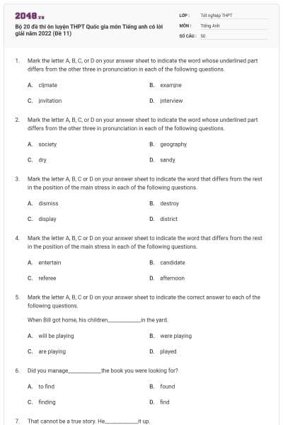 Bộ 20 đề thi ôn luyện THPT Quốc gia môn Tiếng anh có lời giải năm 2022 (Đề 11)