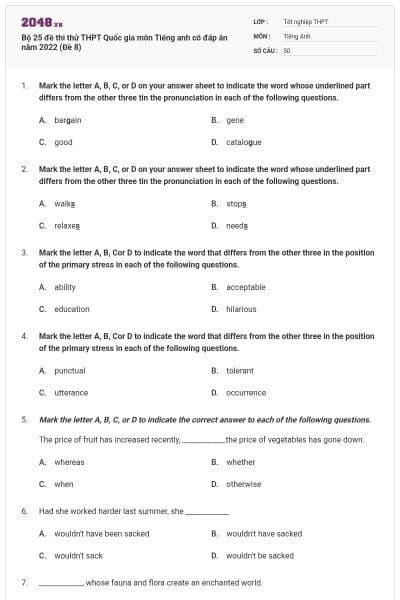 Bộ 25 đề thi thử THPT Quốc gia môn Tiếng anh có đáp án năm 2022 (Đề 8)