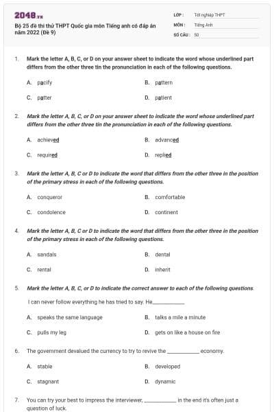 Bộ 25 đề thi thử THPT Quốc gia môn Tiếng anh có đáp án năm 2022 (Đề 9)