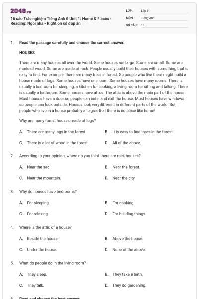 16 câu Trắc nghiệm Tiếng Anh 6 Unit 1: Home & Places - Reading: Ngôi nhà - Right on có đáp án