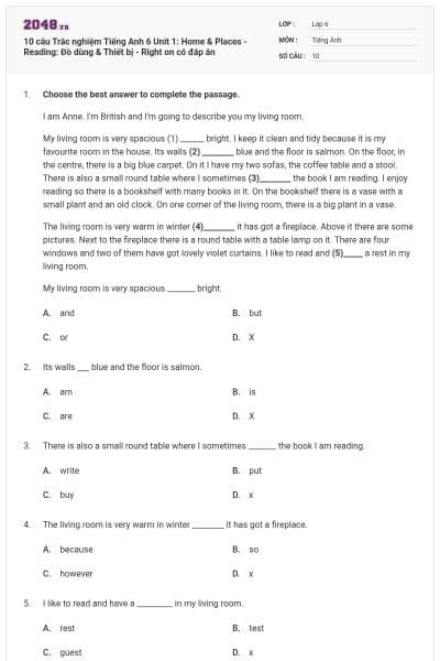 10 câu Trắc nghiệm Tiếng Anh 6 Unit 1: Home & Places - Reading: Đồ dùng & Thiết bị - Right on có đáp án