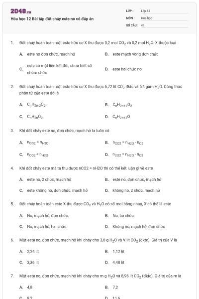 Hóa học 12 Bài tập đốt cháy este no có đáp án