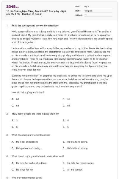 10 câu Trắc nghiệm Tiếng Anh 6 Unit 2: Every day - Ngữ âm: /ð/ & /θ/ - Right on có đáp án