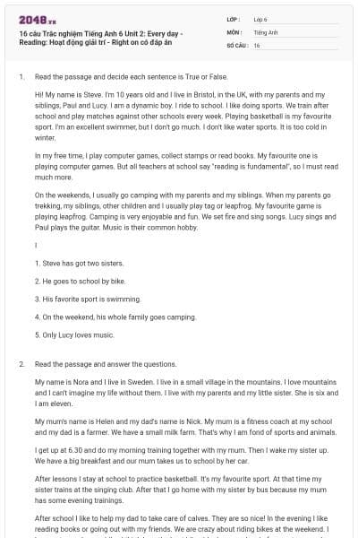 16 câu Trắc nghiệm Tiếng Anh 6 Unit 2: Every day - Reading: Hoạt động giải trí - Right on có đáp án