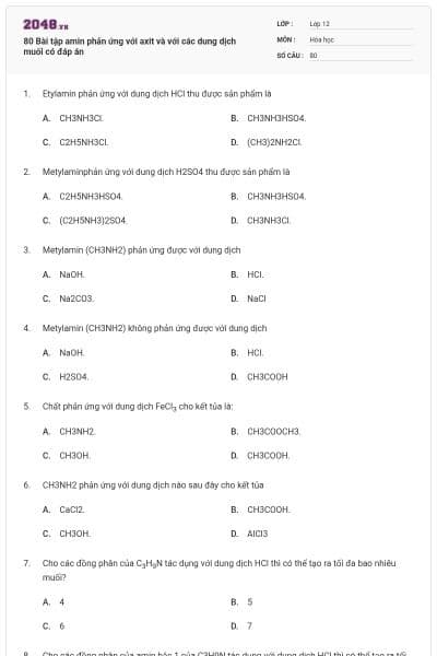 80 Bài tập amin phản ứng với axit và với các dung dịch muối có đáp án