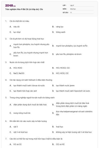 Trắc nghiệm Hóa 9 Bài 26 (có đáp án): Clo