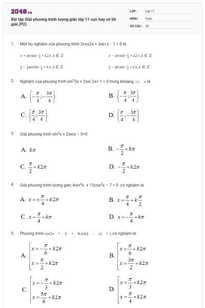Bài tập Giải phương trình lượng giác lớp 11 cực hay có lời giải (P2)