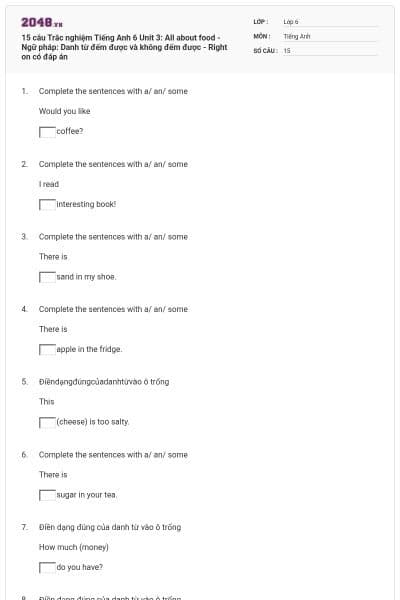 15 câu Trắc nghiệm Tiếng Anh 6 Unit 3: All about food - Ngữ pháp: Danh từ đếm được và không đếm được - Right on có đáp án