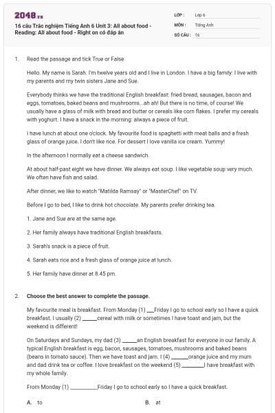 16 câu Trắc nghiệm Tiếng Anh 6 Unit 3: All about food - Reading: All about food - Right on có đáp án