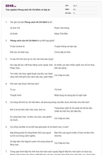 Trắc nghiệm Phong cách Hồ Chí Minh có đáp án