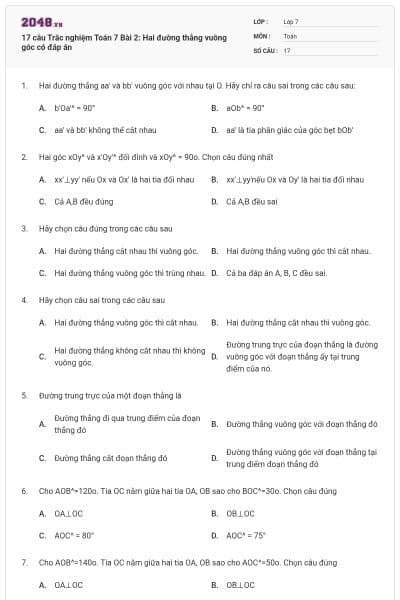 17 câu Trắc nghiệm Toán 7 Bài 2: Hai đường thẳng vuông góc có đáp án
