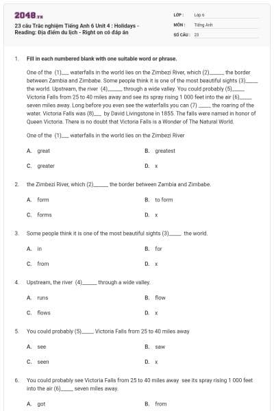 23 câu Trắc nghiệm Tiếng Anh 6 Unit 4 : Holidays - Reading: Địa điểm du lịch - Right on có đáp án