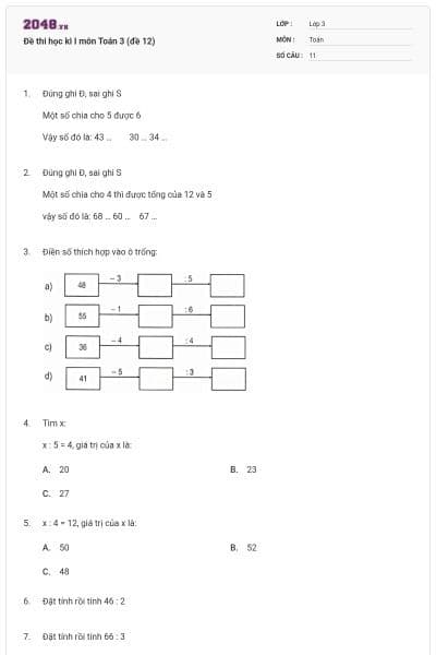 Đề thi học kì I môn Toán 3 (đề 12)
