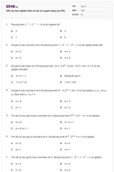 200 câu trắc nghiệm Hàm số mũ và Logarit nâng cao (P6)