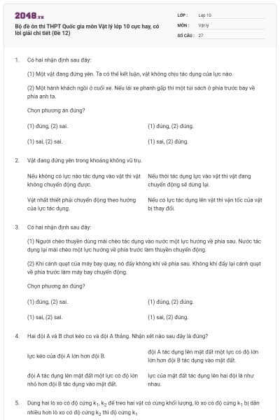 Bộ đề ôn thi THPT Quốc gia môn Vật lý lớp 10 cực hay, có lời giải chi tiết (Đề 12)