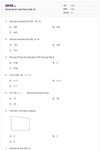 Đề thi học kì I môn Toán 3 (đề 14)