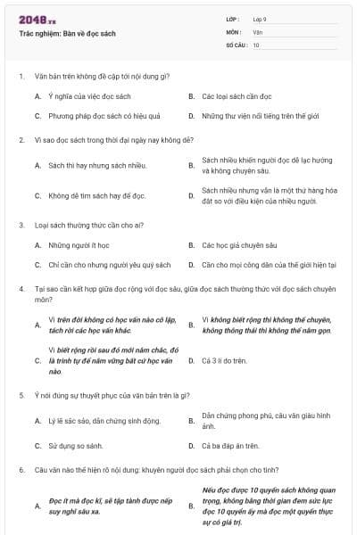 Trắc nghiệm: Bàn về đọc sách