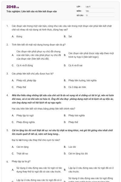 Trắc nghiệm: Liên kết câu và liên kết đoạn văn