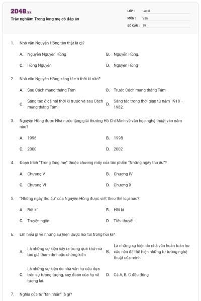 Trắc nghiệm Trong lòng mẹ có đáp án