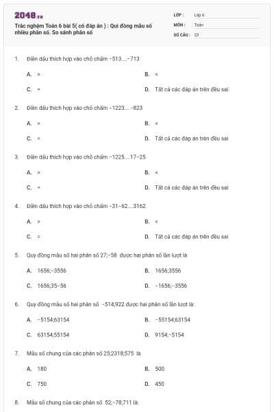 Trắc nghệm Toán 6 bài 5( có đáp án ) : Qui đồng mẫu số nhiều phân số. So sánh phân số