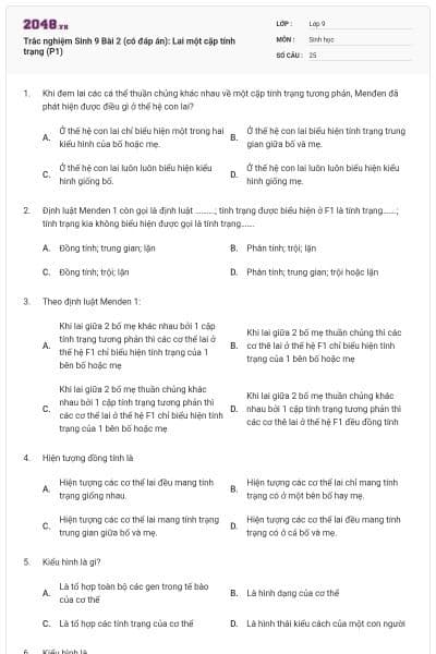 Trắc nghiệm Sinh 9 Bài 2 (có đáp án): Lai một cặp tính trạng (P1)