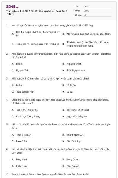 Trắc nghiệm Lịch Sử 7 Bài 19: Khởi nghĩa Lam Sơn ( 1418 -1427)