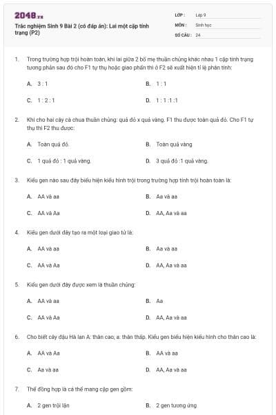 Trắc nghiệm Sinh 9 Bài 2 (có đáp án): Lai một cặp tính trạng (P2)