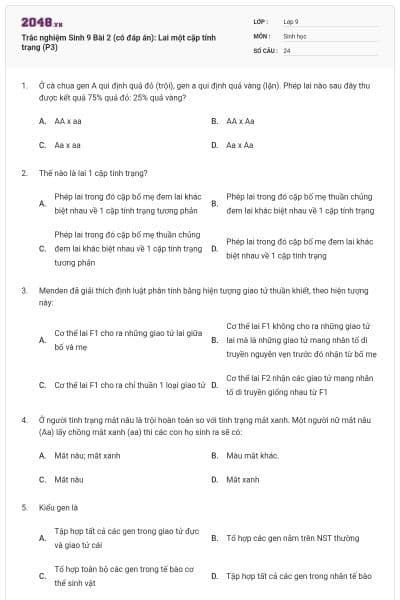 Trắc nghiệm Sinh 9 Bài 2 (có đáp án): Lai một cặp tính trạng (P3)