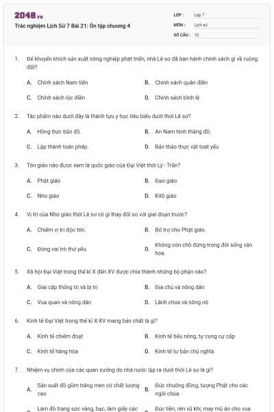 Trắc nghiệm Lịch Sử 7 Bài 21: Ôn tập chương 4