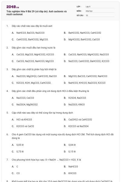 Trắc nghiệm Hóa 9 Bài 29 (có đáp án): Axit cacbonic và muối cacbonat