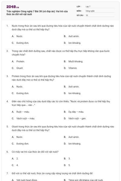 Trắc nghiệm Công nghệ 7 Bài 38 (có đáp án): Vai trò của thức ăn đối với vật nuôi