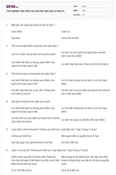 Trắc nghiệm: Đặc điểm của văn bản nghị luận có đáp án