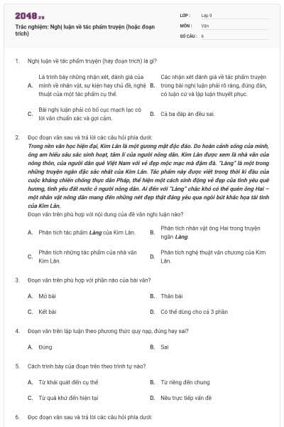 Trắc nghiệm: Nghị luận về tác phẩm truyện (hoặc đoạn trích)