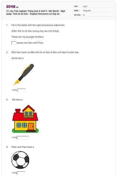 31 câu Trắc nghiệm Tiếng Anh 6 Unit 0 : My World - Ngữ pháp: Tính từ sở hữu - English Discovery có đáp án