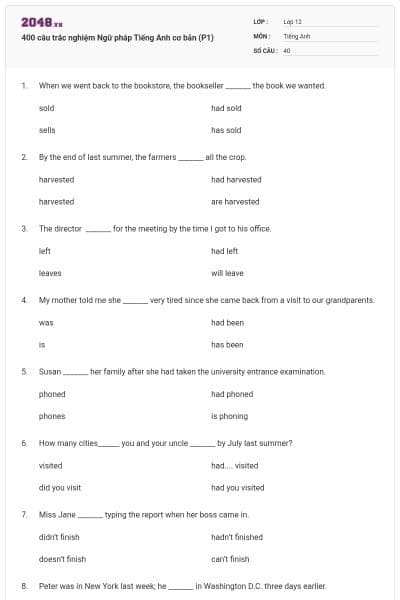 400 câu trắc nghiệm Ngữ pháp Tiếng Anh cơ bản (P1)