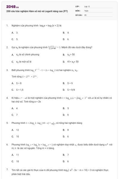 200 câu trắc nghiệm Hàm số mũ và Logarit nâng cao (P7)