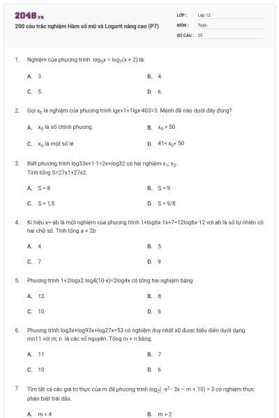 200 câu trắc nghiệm Hàm số mũ và Logarit nâng cao (P7)